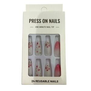 Medium Almond Pink Floral & Ombre Press On Nails​​